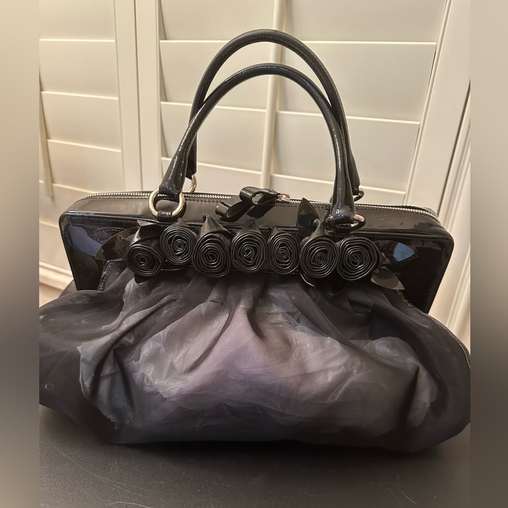 Authentic Valentino Black Mesh and Patent Leather Petale Rose Dome Sachel